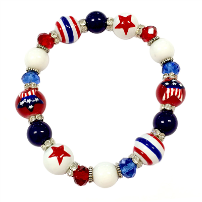 USA Star Flag Dainty Glass & Crystal Beaded Stretch Bracelet
