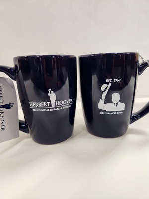 Mug with Herbert Hoover Presidential Library and Museum logos, blue