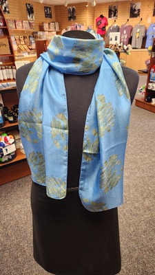 Scarf-Blue with Gold Flowers-Silk-Lou Hoover 14"x70"